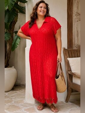 Eloquii Red Crochet Knit Maxi Cover Up Dress Fringe Hem Boho Resort Size 26/28